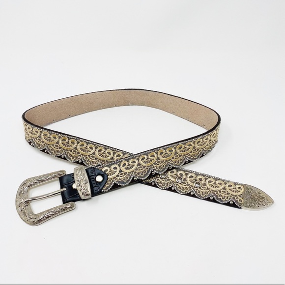Angel Ranch Accessories - ANGEL RANCH Lace Embellished Brown Leather Belt M